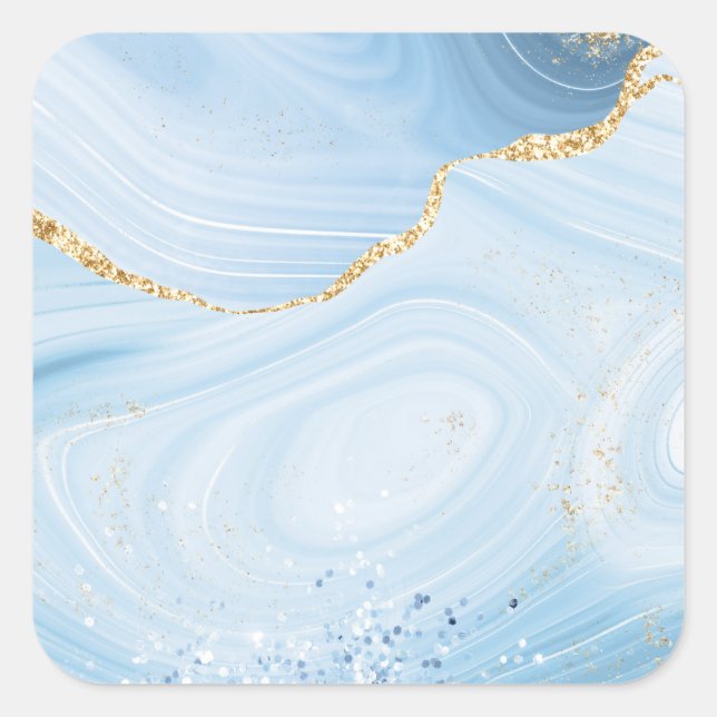 Elegant Cool Blue Agate and Gold Glitter Square Sticker (Front)