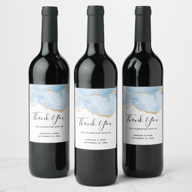 Elegant Cool Blue Agate and Gold Glitter Wedding Wine Label (Bottles)