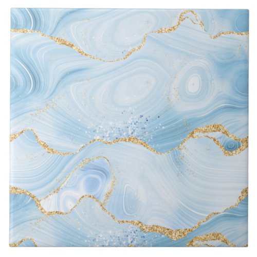 Elegant Cool Blue Agate with Gold Glitter Ribbon Ceramic Tile