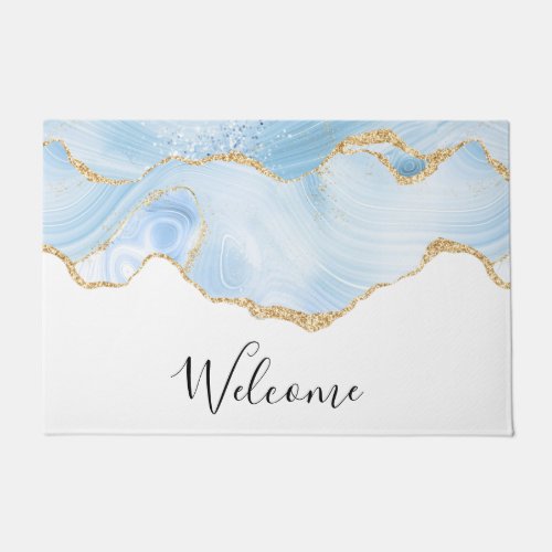 Elegant Cool Blue Agate with Gold Glitter Ribbon Doormat