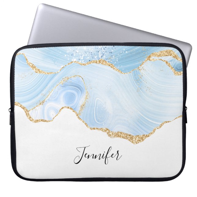 Elegant Cool Blue Agate with Gold Glitter Ribbon Laptop Sleeve (Front)