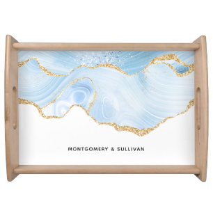 Elegant Cool Blue Agate with Gold Glitter Ribbon Serving Tray