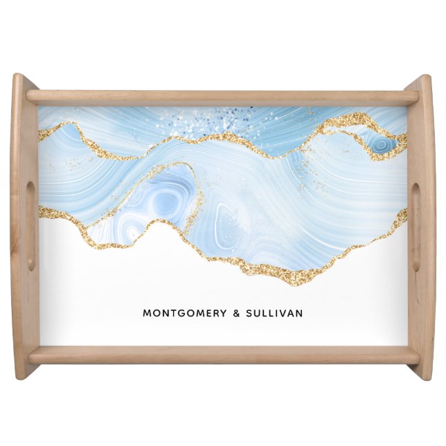 Elegant Cool Blue Agate with Gold Glitter Ribbon Serving Tray (Front)