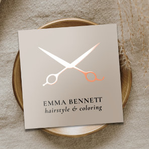 Elegant Cool Hair Stylist Scissors Taupe Rose Gold Foil Business Cards