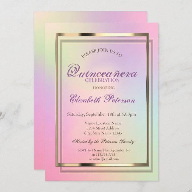 Elegant  Cool  Holographic Quinceañera Invitation (Front/Back)
