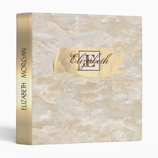 Elegant Cool Marble,Gold Brush Stroke, Monogram 3 Ring Binder (Front/Spine)
