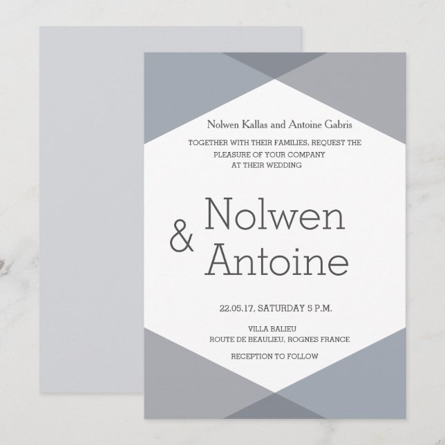 Elegant cool modern lilac gray geometric wedding invitation (Front/Back)