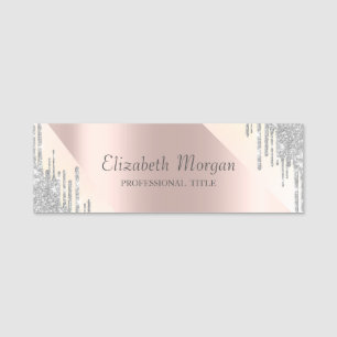 Elegant Cool Silver Glitter Drips Rose Gold Name Tag