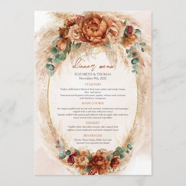 Elegant Copper and burgundy flowers greenery menu (Front)