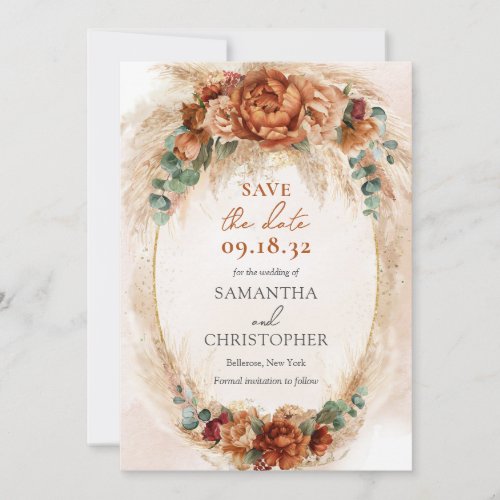 Elegant Copper and burgundy flowers greenery  Save The Date
