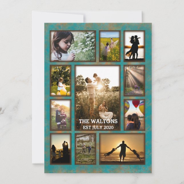 Elegant Copper And Teal Frame Family Photo Collage Card (Front)