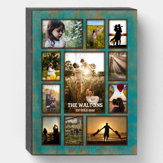 Elegant Copper And Teal Frame Photo Collage Wooden Box Sign (Front Vertical)