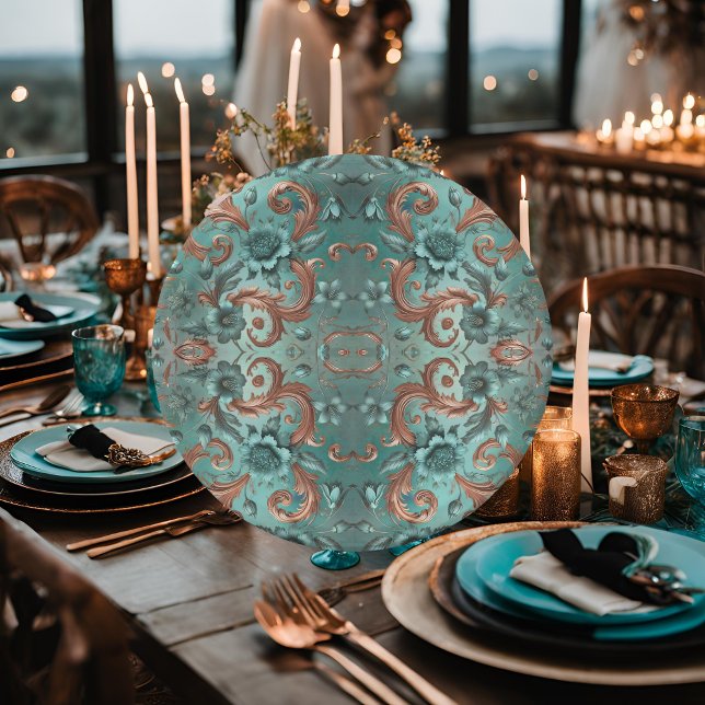Elegant Copper and Turquoise Floral Pattern  Paper Plates (Creator Uploaded)