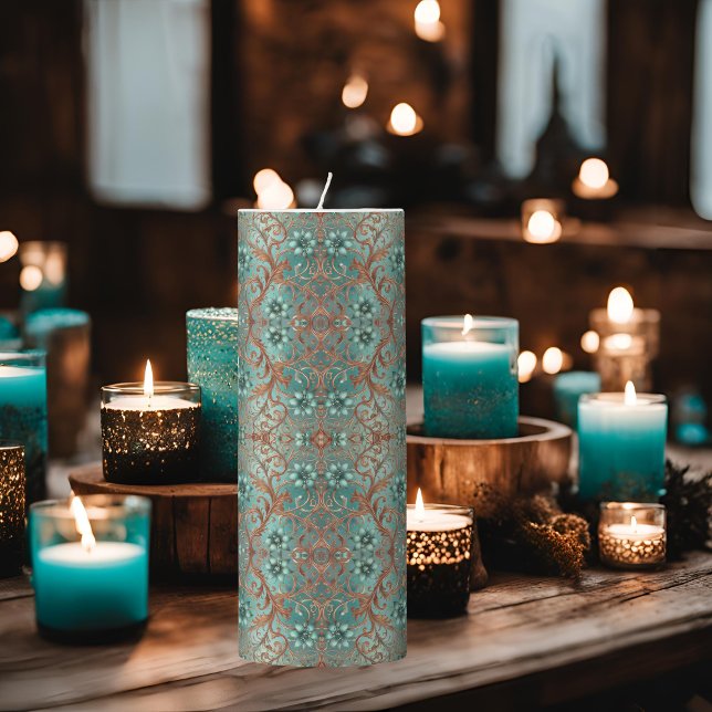 Elegant Copper and Turquoise Floral Pillar Candle (Creator Uploaded)