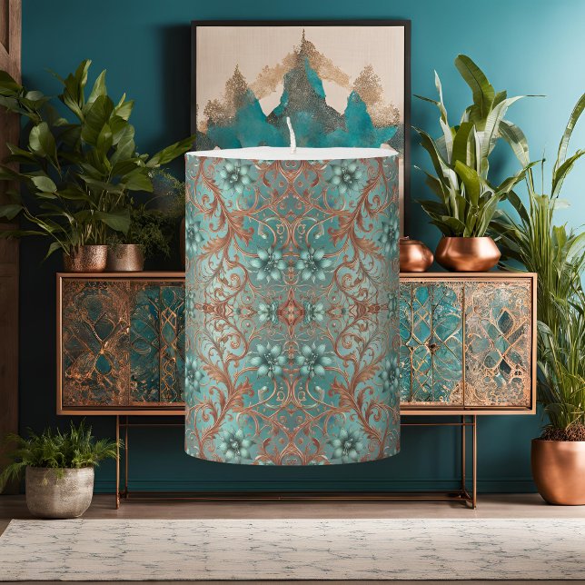 Elegant Copper and Turquoise Floral Pillar Candle (Creator Uploaded)