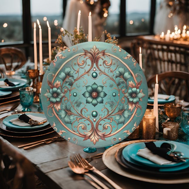 Elegant Copper and Turquoise Floral Ring Paper Plates (Creator Uploaded)