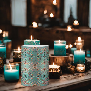 Elegant Copper and Turquoise Floral Rings Pillar Candle
