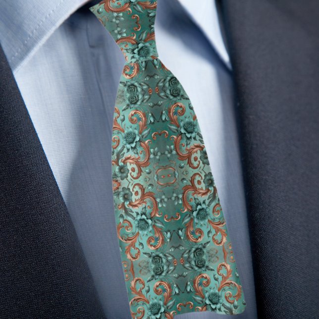Elegant Copper and Turquoise Flower Pattern Neck Tie (Creator Uploaded)