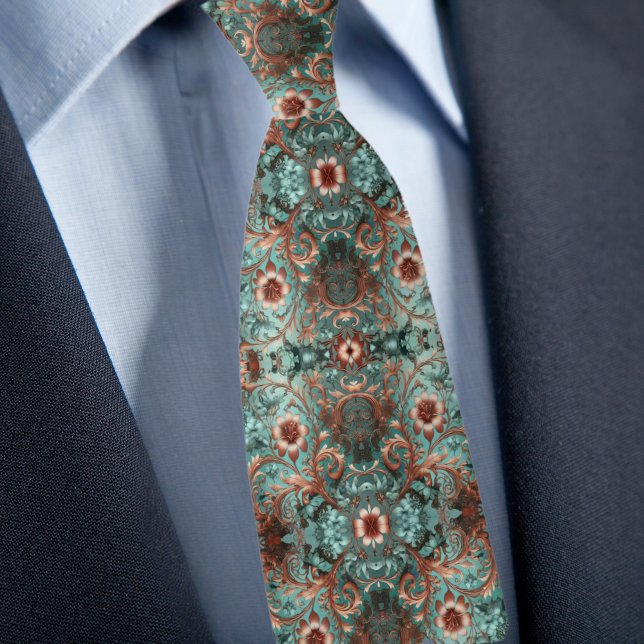 Elegant Copper and Turquoise Formal Floral  Neck Tie (Creator Uploaded)