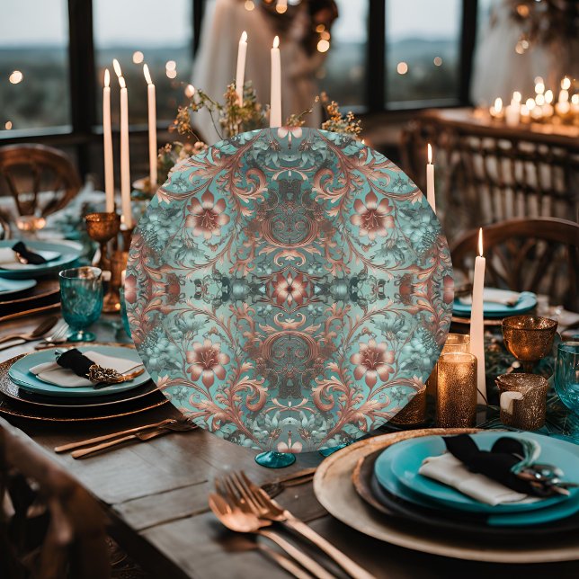 Elegant Copper and Turquoise Formal Floral Paper Plates (Creator Uploaded)