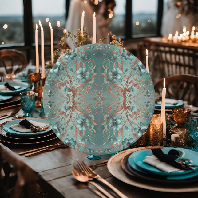 Elegant Copper and Turquoise Minimal Floral Paper Plates (Creator Uploaded)
