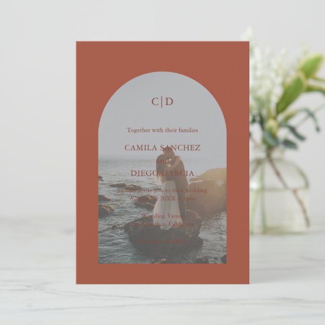 Elegant Copper Arch Photo Modern Wedding Invitation (Standing Front)