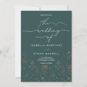 Elegant Copper Botanical Script Dark Teal Wedding Invitation
