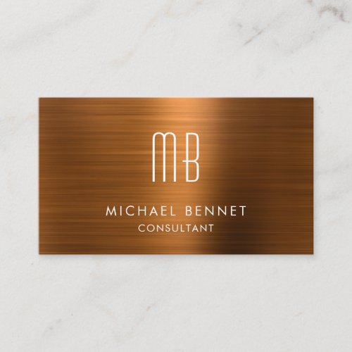 Elegant Copper Brown Metallic Monogram Consultant Business Card