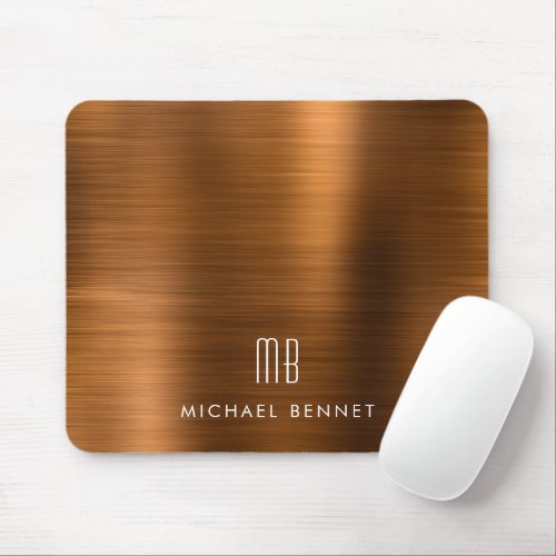 Elegant Copper Brown Metallic Monogram Name Mouse Pad