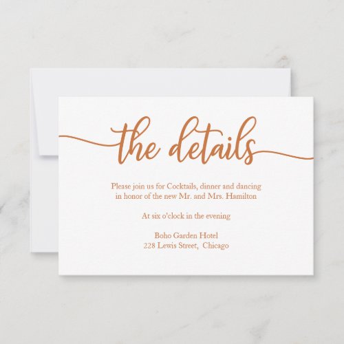 Elegant Copper Calligraphy Wedding Details Card