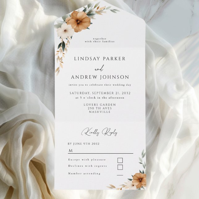 Elegant Copper & Earthy Botanical Wedding  All In One Invitation (Elegant Copper & Earthy Botanical Wedding All In One Invitation)