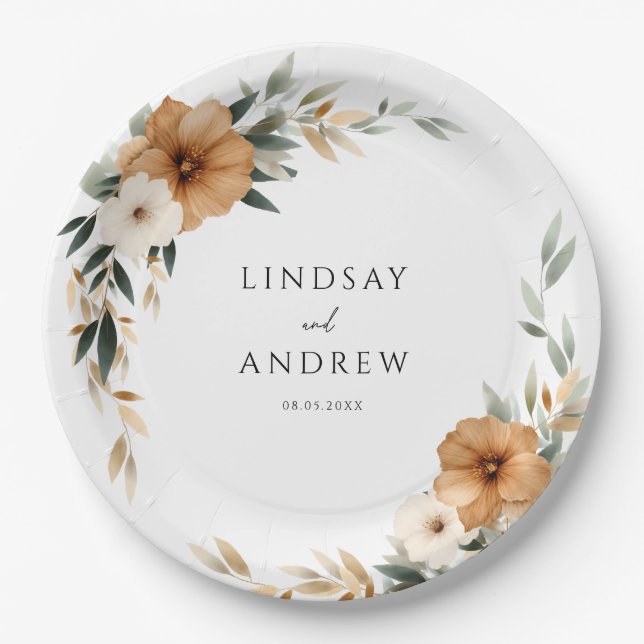 Elegant Copper & Earthy Botanical Wedding Paper Plates (Front)