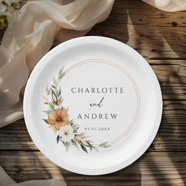 Elegant  Copper Earthy Botanical Wedding  Paper Plates (Elegant Monogram Copper Earthy Botanical Wedding Paper Plates)