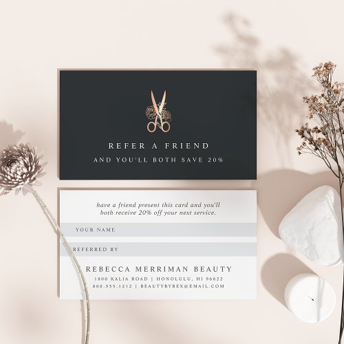 Elegant Copper Floral Scissors Logo  Salon Referral Card