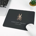 Elegant Copper Floral Scissors Salon Logo Mouse Pad<br><div class="desc">Chic personalized mousepad for your salon or hairstyling business features two lines of custom text in classic white lettering,  on a soft black background adorned with a pair of flower-embellished scissors in faux copper foil.</div>