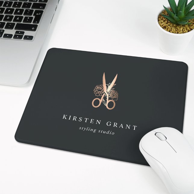 Elegant Copper Floral Scissors Salon Logo Mouse Pad (Creator Uploaded)