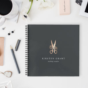 Elegant Copper Floral Scissors Salon Logo Notebook