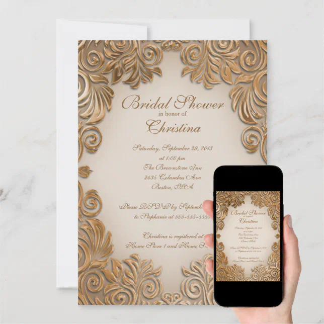 Elegant Copper Foil Leaf Bridal Shower Invitations | Zazzle