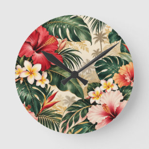 Elegant Copper Gold Autumn Leaves Botanical Patter Round Clock