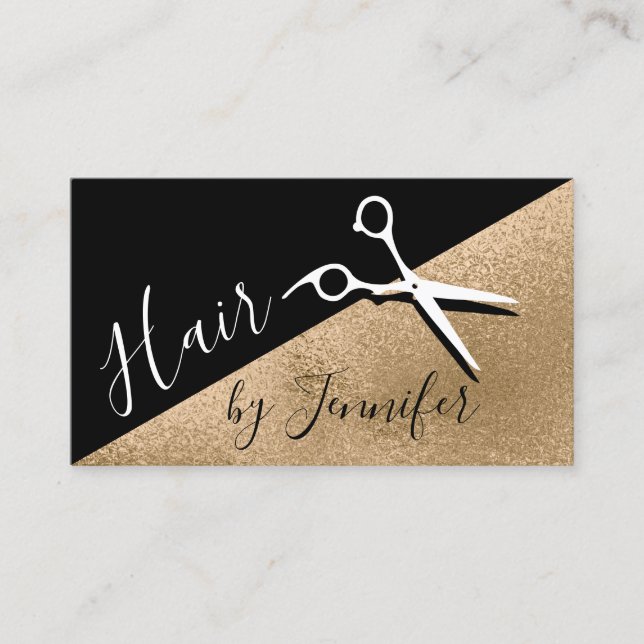 Elegant copper gold &  black scissors hairstylist business card (Front)