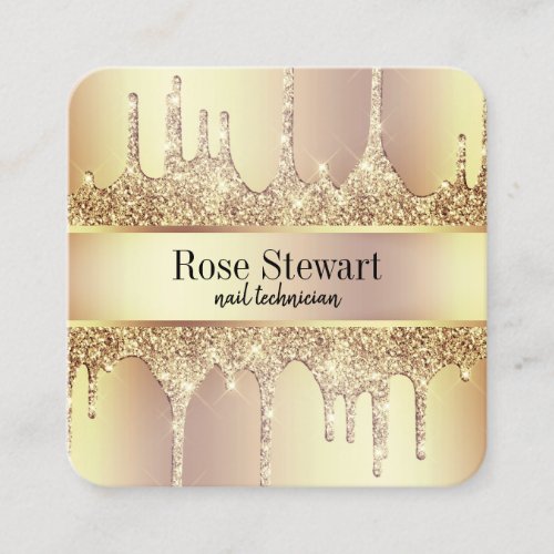 Elegant copper gold glitter drips nails square business card