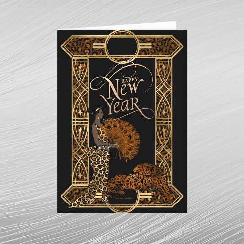 Elegant Copper Gold Leopard Lady Art Deco New Year Holiday Card