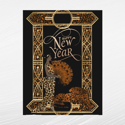 Elegant Copper Gold Leopard Lady Art Deco New Year Holiday Postcard