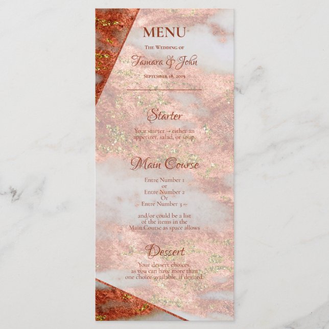 Elegant Copper Gold Marble Geometric 2 sided Menu (Front)