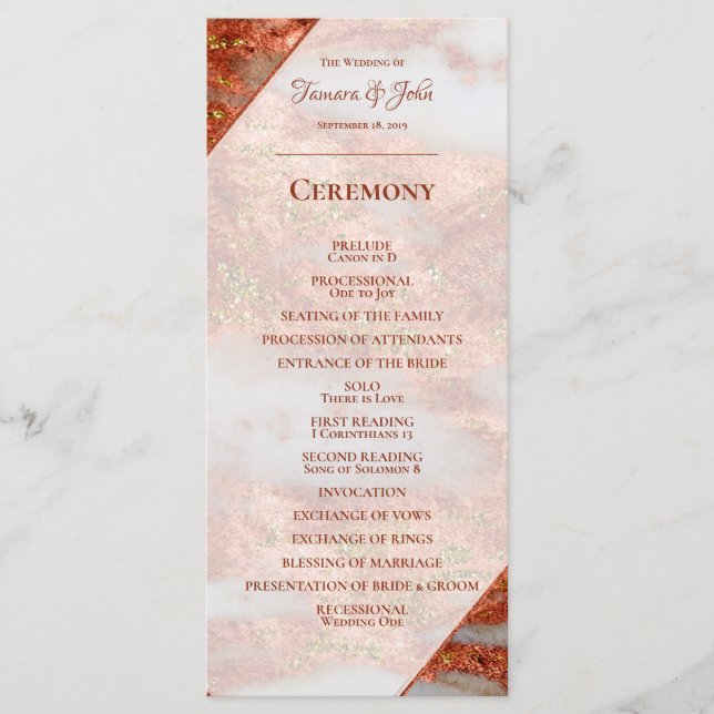 Elegant Copper Gold Marble Geometric Wedding Program (Front)