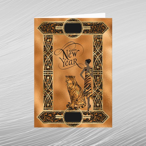 Elegant Copper Gold Tiger Lady Art Deco New Year Card