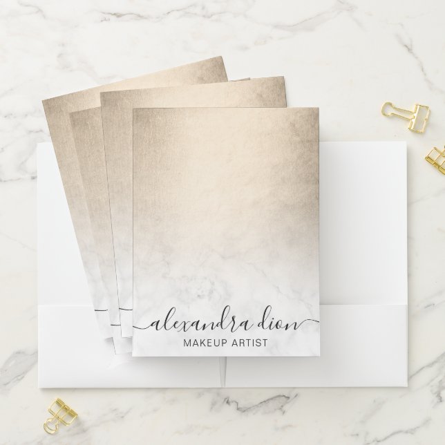 Elegant copper gold white marble makeup artist pocket folder (In Situ)