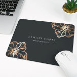 Elegant Copper Hibiscus Flower Mouse Pad<br><div class="desc">Island chic personalized mousepad for your business or home office features two lines of custom text in classic white lettering,  on a soft black background adorned with two tropical hibiscus flower illustrations in faux copper foil for a beach glam look.</div>