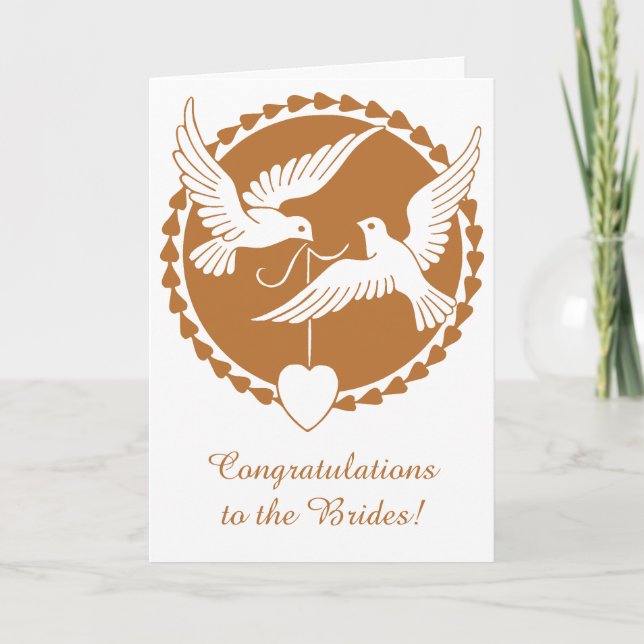 Elegant Copper Love Doves Lesbian Wedding Card (Front)