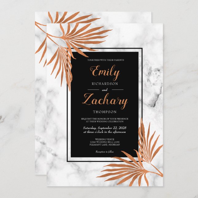 Elegant Copper Marble Black White Tropical Wedding Invitation (Front/Back)